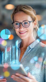 Financial analyst using digital tools to analyze earnings data while smiling at the camera photo