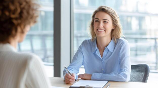Smiling HR interviewer engages in a friendly conversation during a recruitment interview photo