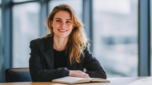 Smiling business analyst in bright modern office setting focusing on data analysis and requirements photo