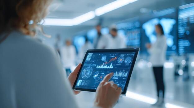 Business analyst uses tablet for data visualization and analysis in modern workspace setting photo