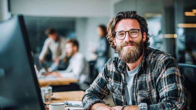 Creative developer working in a modern office environment focused on software engineering and coding photo