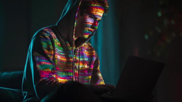 cinematográfico hacker estilo programador codificación en un tenuemente iluminado ambiente con vibrante ligero reflexiones foto