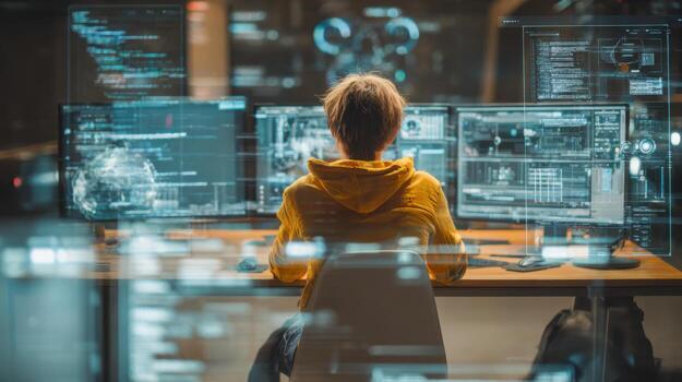 Young software engineer working intently on multiple screens in a modern development setup photo