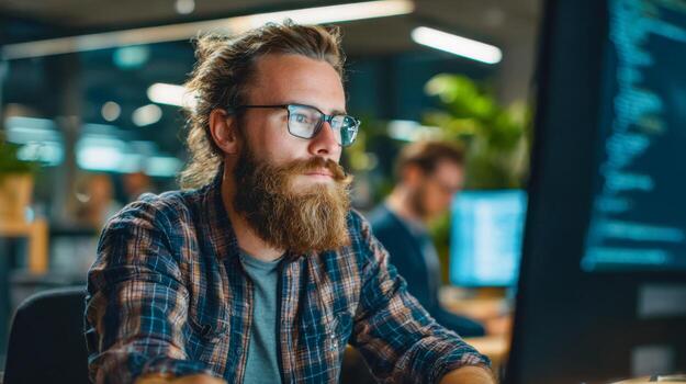 Focused programmer engaged in a deep coding session at a modern workspace during evening hours photo