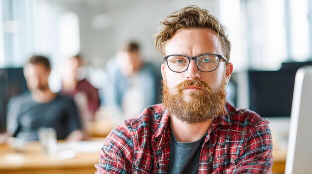 Bearded male software developer focused on coding in a modern office environment photo