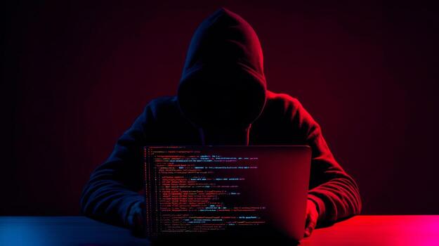 joven software desarrollador codificación en moderno espacio de trabajo con neón Encendiendo después horas foto