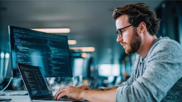 Focused developer coding in a modern workspace with dual monitors and a laptop photo