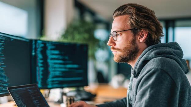 enfocado desarrollador trabajando en software proyectos en un moderno oficina ajuste foto