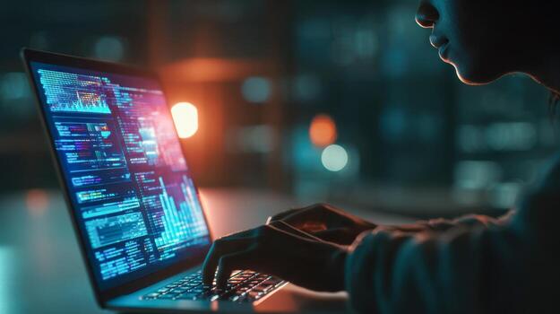 Dynamic software developer coding at night with high-tech interface on laptop screen photo
