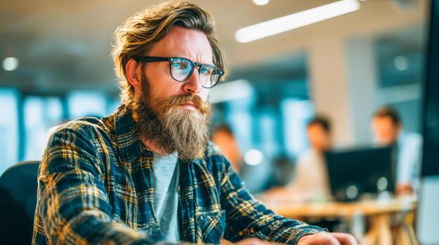 Software developer focuses on coding tasks in a modern office environment during the day photo