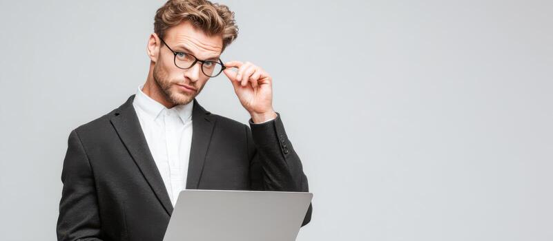 Data-driven professional analyzing marketing strategies with a laptop in a minimalist setting photo