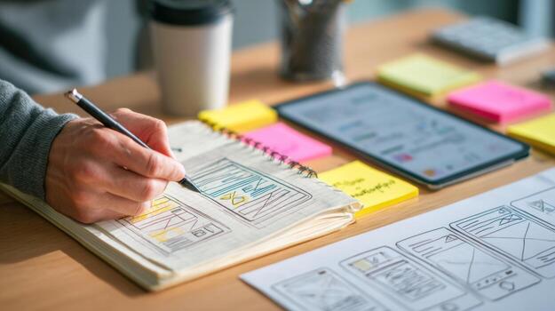 Creative UX UI designer working on wireframes in a modern office setting photo