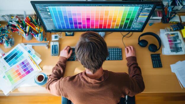 Focused UX UI designer working on wireframes in a creative workspace photo