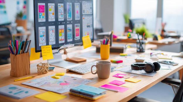 Dynamic workspace of a UX UI designer focusing on usability and interface design concepts photo