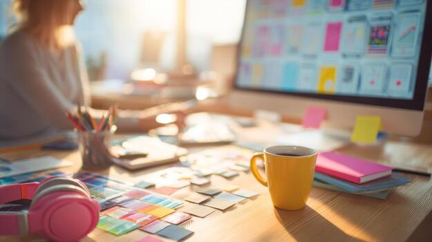 Creative workspace of a UX UI designer in a vibrant dynamic environment with focus on usability photo
