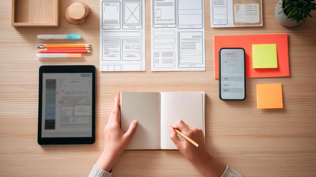 Creative minimalist workspace for UX and UI design featuring wireframing tools and devices photo