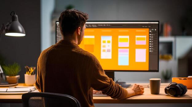 Creative designer working on user interface wireframes in a bright, modern workspace photo