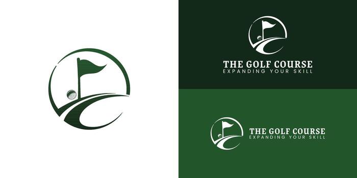 A green logo for a golf course, featuring a stylized golf flag and ball within a dynamic circular shape. The design employs clean, flowing lines to convey a sense of movement. vector