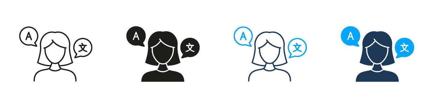 hembra traductor con habla burbujas línea y sólido icono colocar. mujer intérprete, interpretación símbolo recopilación. idioma habilidades y Traducción servicios. aislado ilustración vector