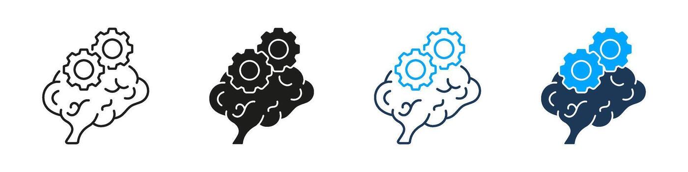 Artificial Intelligence Brain with Gears Concept Line and Solid Icon Set. Cognitive Mind Machine Learning Neural Innovation Symbol Collection. Isolated Illustration vector