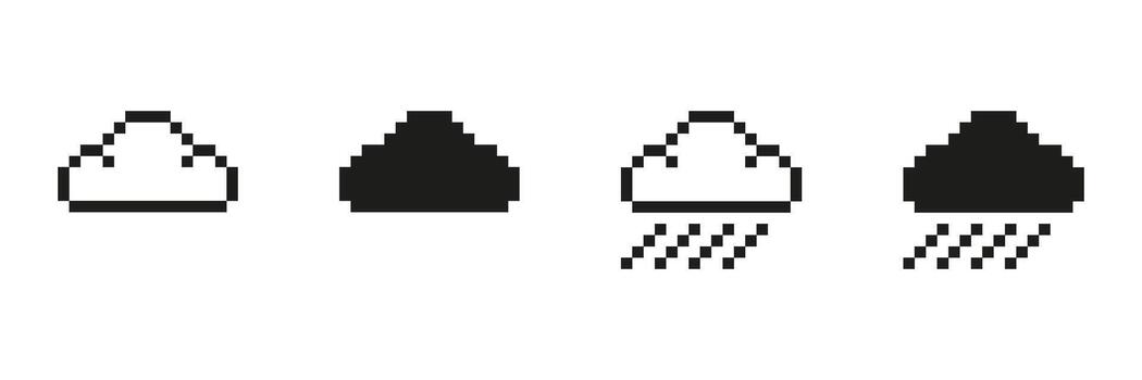 Pixel Art Cloud And Rain Icon Set. Weather Forecast And Climate Change Pixelated Symbol Collection. Minimalist Black And White Design For Meteorology Applications. Isolated Illustration vector
