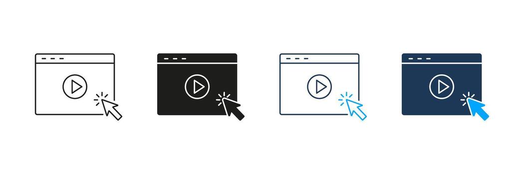 Player Interface With Cursor Click Line And Solid Icon Set. Online Media Playback And User Interaction Symbol Collection. Web Navigation And Streaming Concept. Isolated Illustration vector