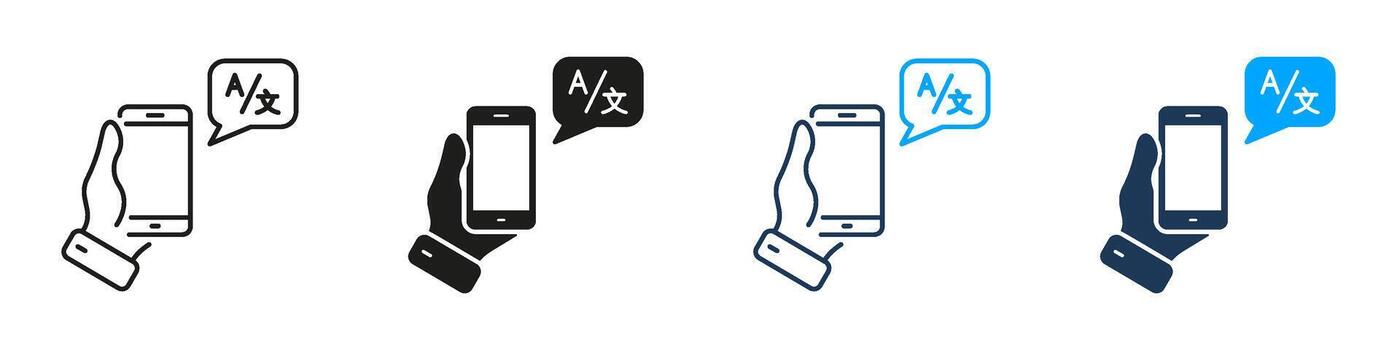 Hand Holding Smartphone With Translation App Line And Solid Icon Set. Language Translation, Communication, And Mobile Technology Symbol Collection. Isolated Illustration vector