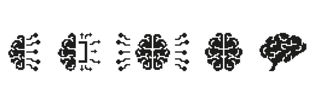 Pixel Art Brain And Neural Network Icon Set. Artificial Intelligence And Machine Learning Concept. Digital Brainstorming And Cognitive Computing Symbols. Isolated Illustration vector