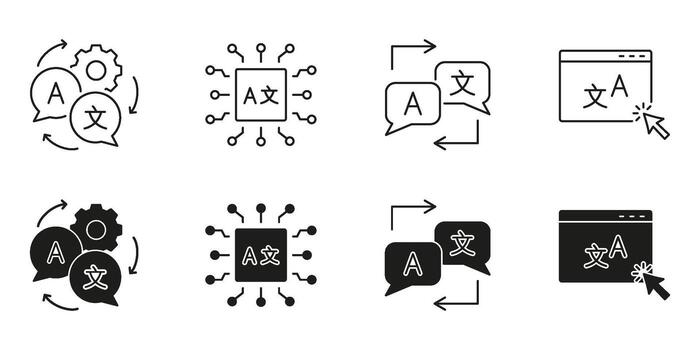 Language Translation And Localization Line And Solid Icon Set. Multilingual Communication, Ai Translation, Globalization Symbol Collection. Isolated Illustration vector
