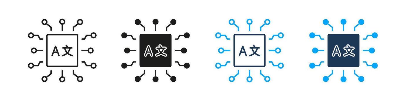 AI Language Translation And Processing Technology Line And Solid Icon Set. Language Processor Chip Symbol Collection. Digital Communication And Machine Learning. Isolated Illustration vector