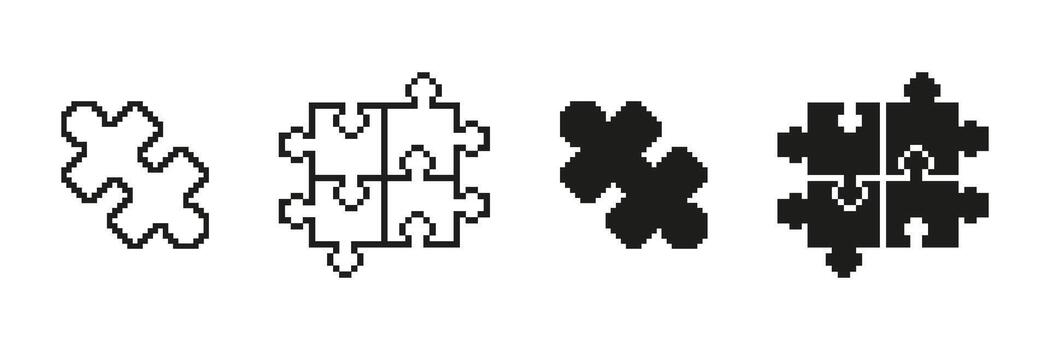 Pixel Art Puzzle Pieces Icon Set. Collaboration And Problem-Solving Symbol Collection. Black And White Jigsaw Elements. Isolated Illustration vector