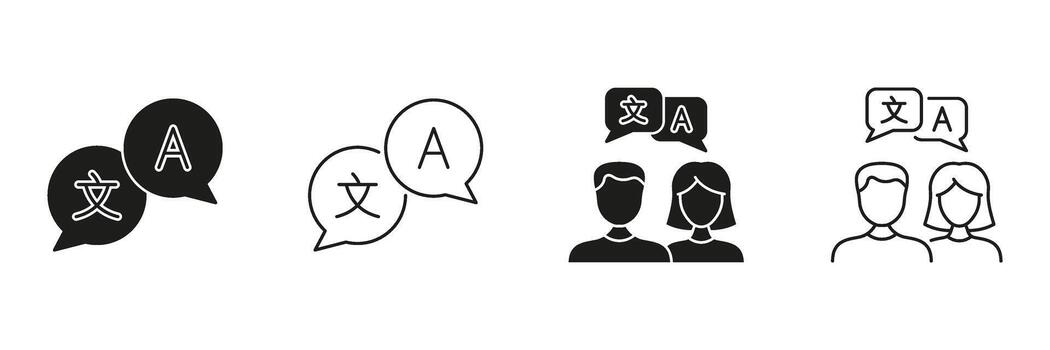 Interpreter Couple for Language Translation And Communication Service Line And Solid Icon Set. Interpretation Symbol Collection. Speech Bubbles And People. Isolated Illustration vector