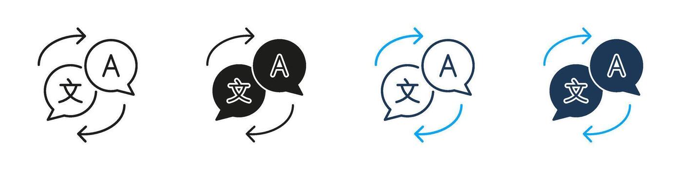 Language Translation Speech Bubbles Line And Solid Icon Set. Multilingual Communication And Interpretation Symbol Collection. Language Exchange And Global Interaction. Isolated Illustration vector