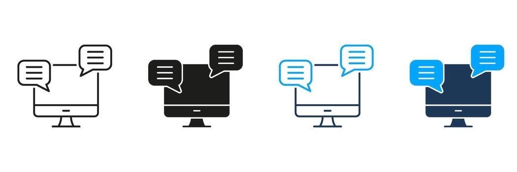 computadora con charla burbujas línea y sólido icono colocar. en línea comunicación, mensajería, y digital Interacción símbolo recopilación. cliente apoyo y virtual asistencia. aislado ilustración vector