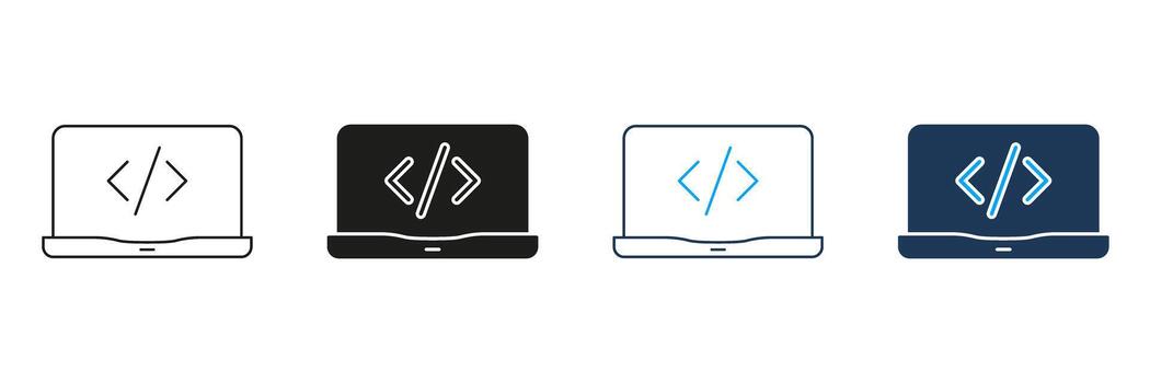 ordenador portátil con código símbolo línea y sólido icono colocar. programación, software desarrollo, y codificación interfaz símbolo recopilación. tecnología y innovación. aislado ilustración vector