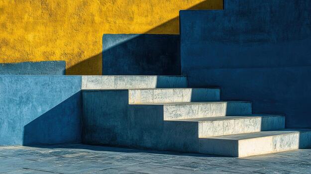 Staircase with blue and yellow walls showing contrasting shadows in sunlight photo