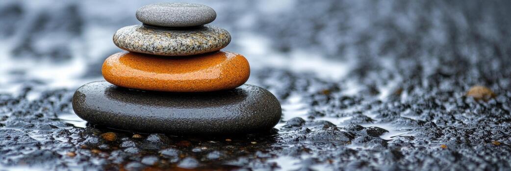 Stacked stones on a wet surface reflecting calm and balance in nature photo