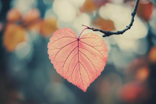 Close-up of heart-shaped leaf hanging from tree branch in autumn photo