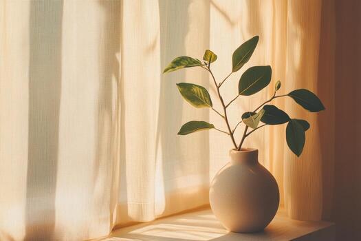 Sunlight filters through curtains highlighting a potted plant on a windowsill photo