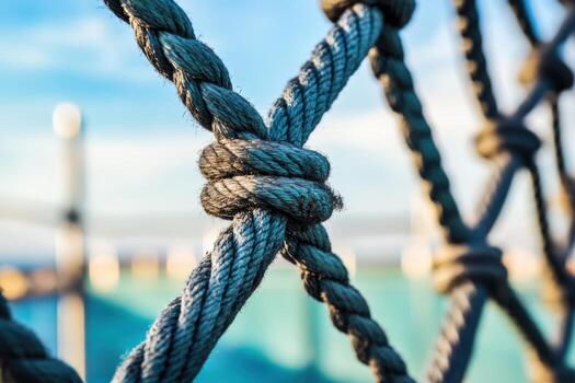 Close-up view of a knot in thick rope against a blue ocean background photo