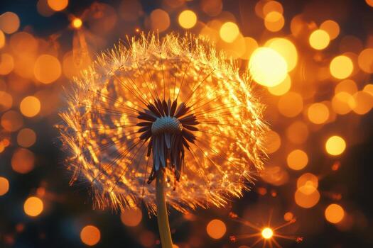 Dandelion illuminated by soft glowing lights at sunset photo