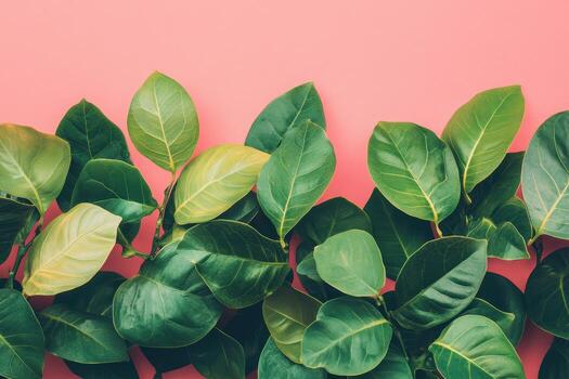 Green leaves against a vibrant pink background create a refreshing look photo