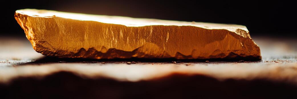 Golden metal ingot lying on a surface with a soft glow in a dark setting photo