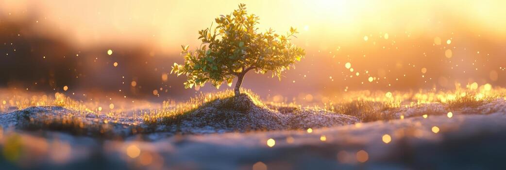 Sunlit small tree in a tranquil landscape with glowing bokeh effect photo