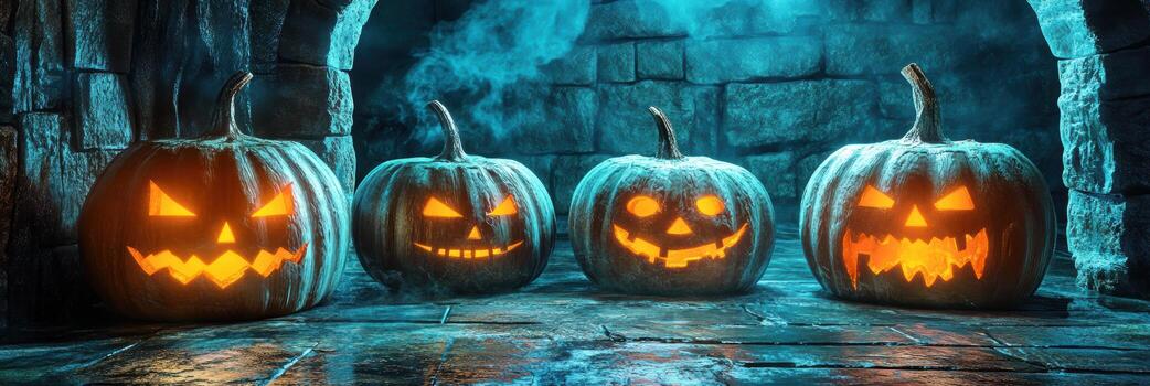 Víspera de Todos los Santos calabazas con brillante caras en un escalofriante ajuste foto