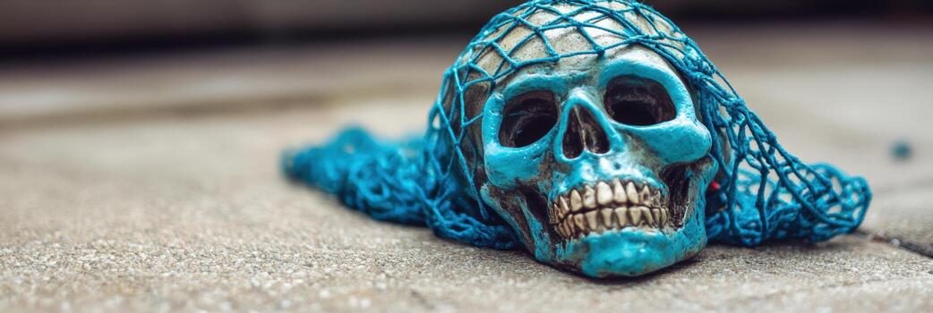 Bright blue skull and net on a concrete surface photo