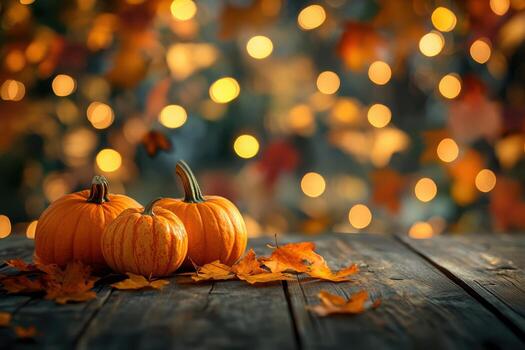 Autumn pumpkins and falling leaves create a festive scene photo