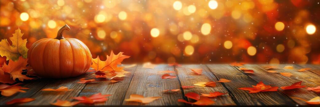 Pumpkin on wooden table with autumn leaves and bokeh photo