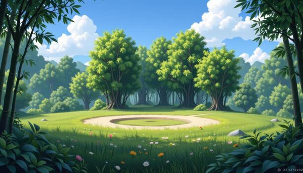 a still clearing rests between bamboo groves, a circle of calm untouched by any noise. photo