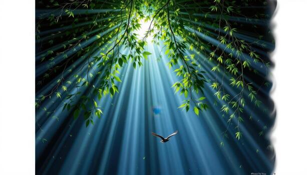 moonbeams cascade through bamboo canopy, silver light tracing every line with delicate care. photo